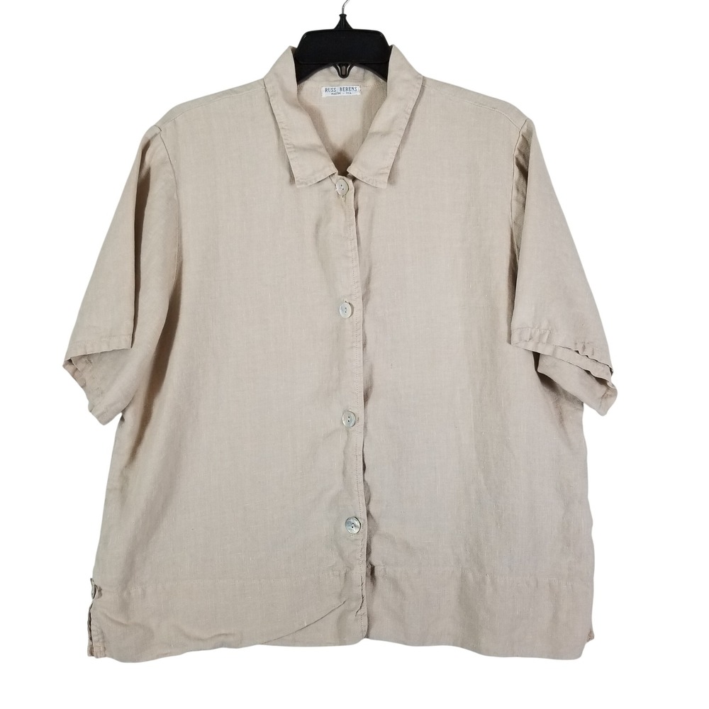 Russ Berens Button Down Shirt Women XL Beige 100% Linen Short‎ Sleeve Malibu USA